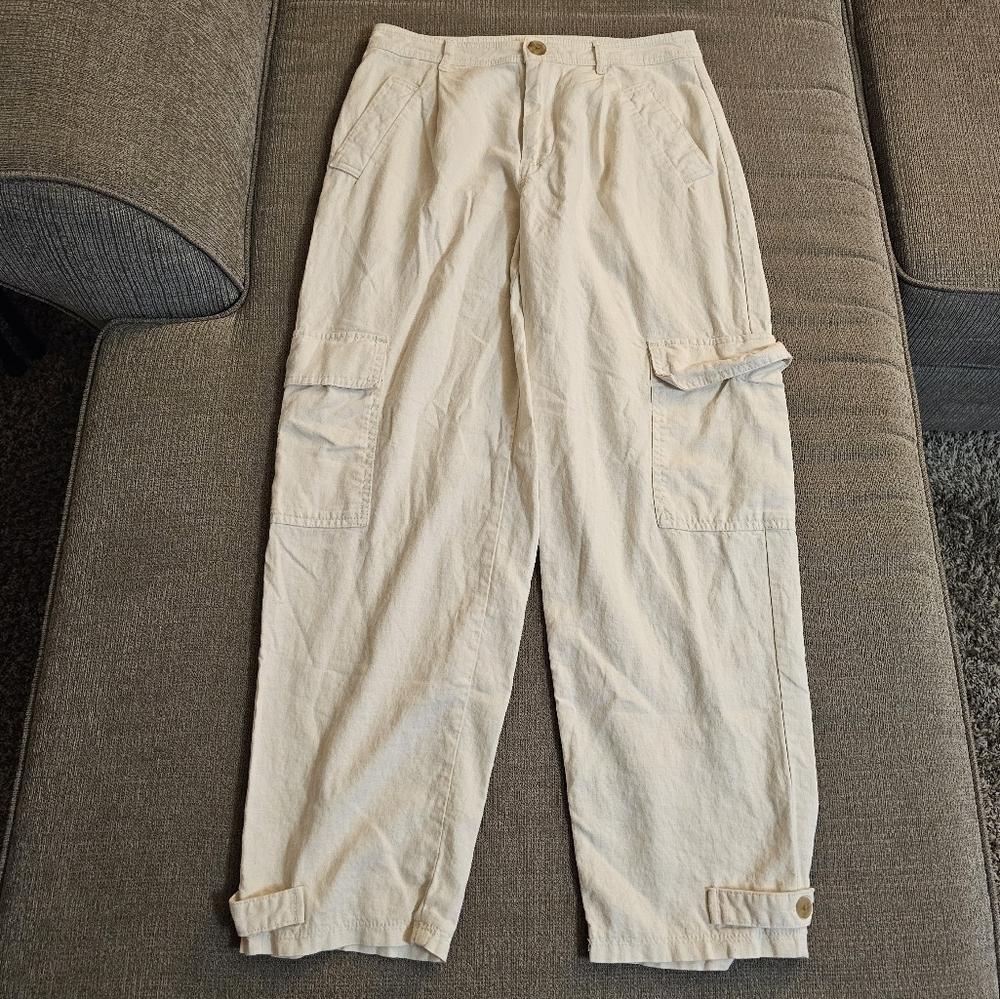 A New Day Cream Cargo Linen Blend Relaxed Baggy Casual Neutral Pants Size 4